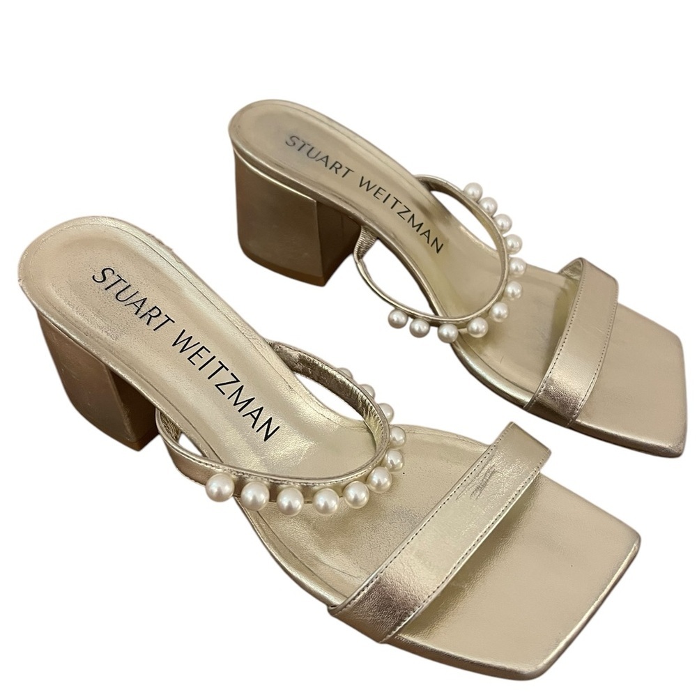 Stuart Weitzman Gold Pearl-Trim Block Heel Sandals